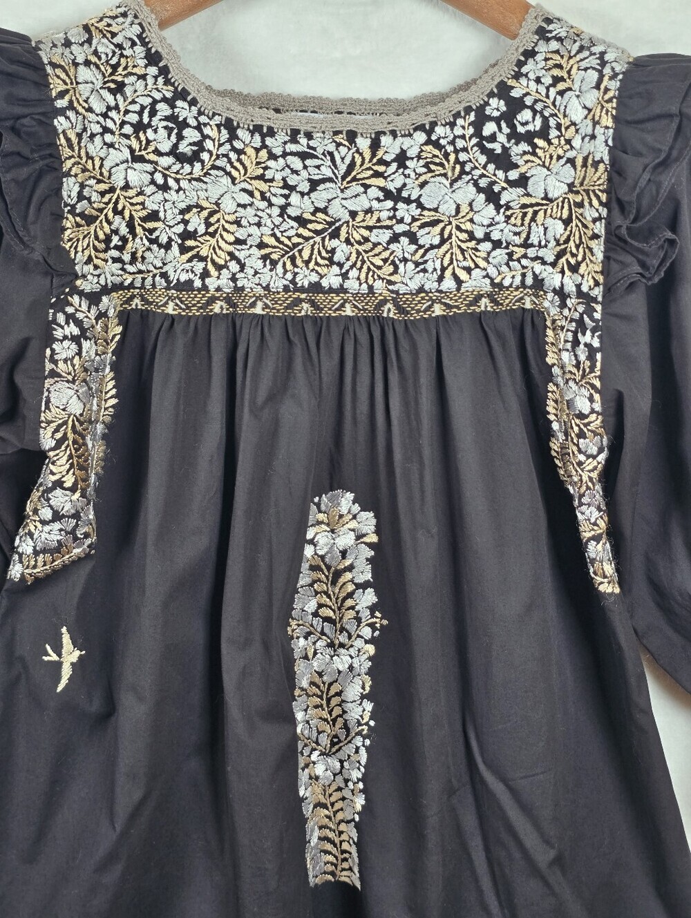 Mi Golondrina Black Floral Embroidered Blouse Sz.M Cotton Peasant Boho Top - Picture 2 of 14